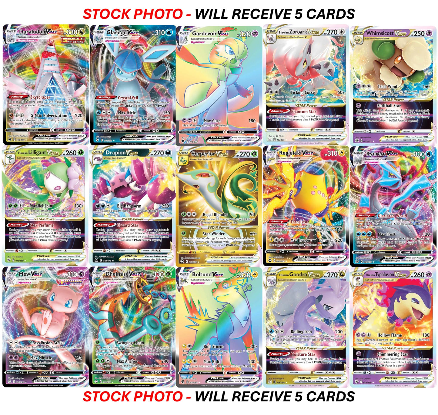5 Pokemon Card VMAX/VSTAR Bundle - X2 VSTAR - X2 VMAX - X1 Secret Rare - No Duplicates