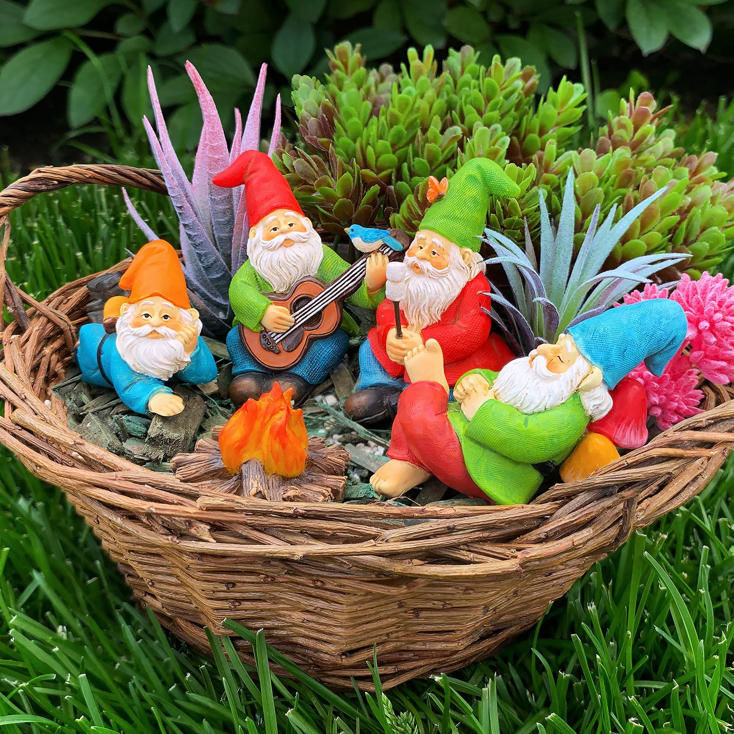 Mood Lab Miniature Garden Gnomes - Camping Gnome Figurines & Accessories Set (5 pcs) 2.6" H - Indoor Outdoor Garden Decor