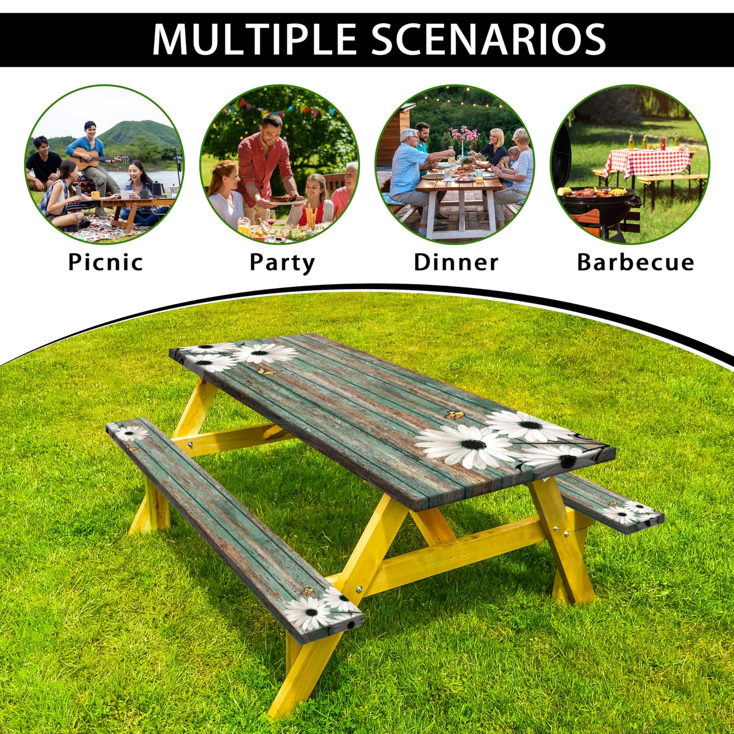 Daisy Flowers Picnic Table Cover with Bench Covers Camping Essentials Wooden Grain Outdoor Table Covers with Elastic Waterproof Fitted Tablecloth for RV Picnic Travel