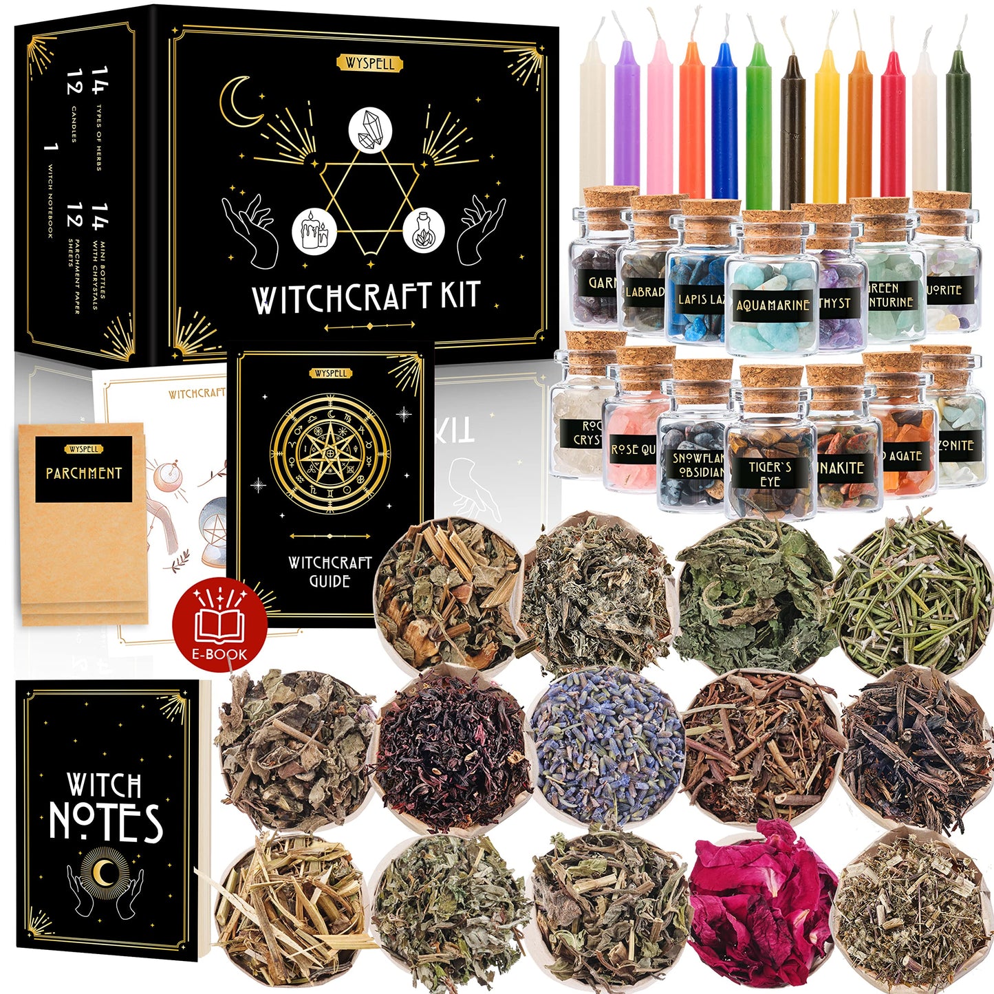 Wyspell Witchcraft Supplies Kit - 54PCS - Witch Kit for Altar: Spell Candles, Dried Herbs, Healing Crystals in Jars - Wiccan Supplies & Tools - Witchy Gifts for Beginners