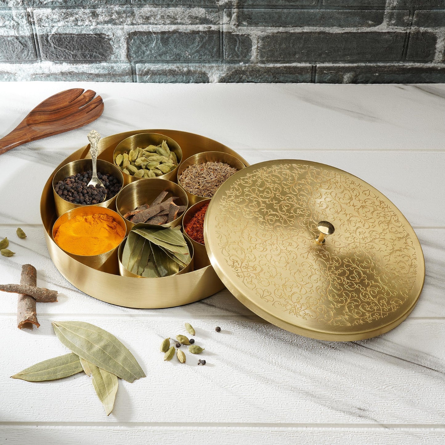 Ajuny Handmade Golden Brass Spice Box with Embossed Lid - Round Masala Dabba, 7 Removable Spice Storage Containers and 1 Spoon, Ideal for Spices and Herbs