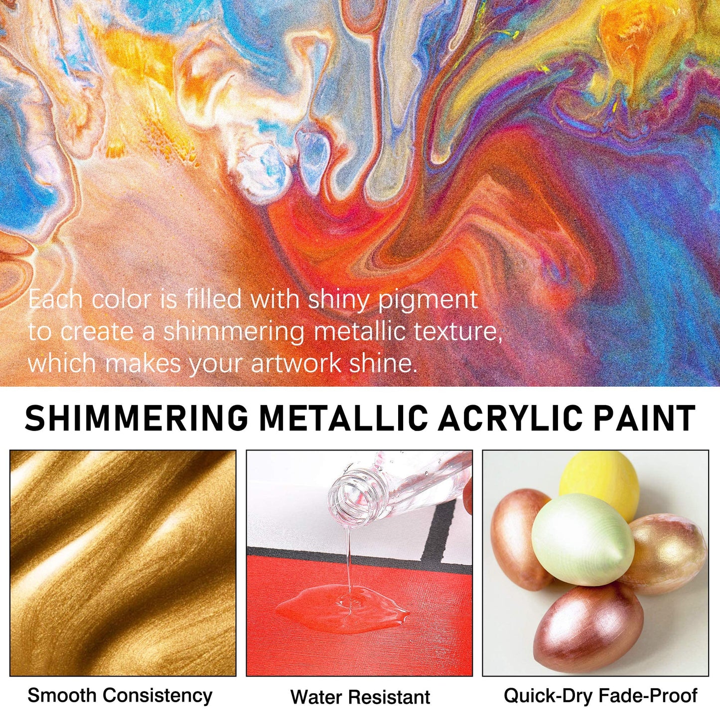 ABEIER Metallic Acrylic Paint, Set of 24 Metallic Colors in 2oz/60ml Bottle, Rich Pigments, Non Fading, Non Toxic Paints for Artist, Beginners, Painting on Rocks Crafts Canvas Wood, Fabric&Stone
