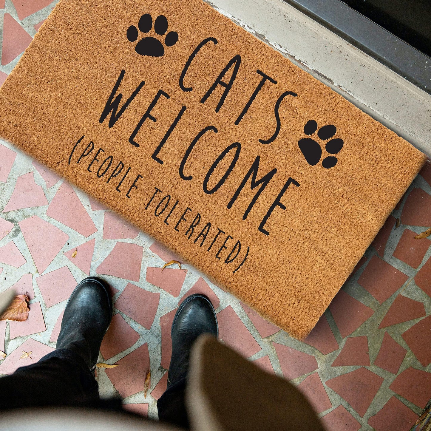 Cats Welcome People Tolerated Doormat 30x17 Inch, Cat Door Mat for Covered Outdoor Area, Black Cat Welcome Mat Gift, Funny Outdoor Decor w/Non Slip PVC Backing