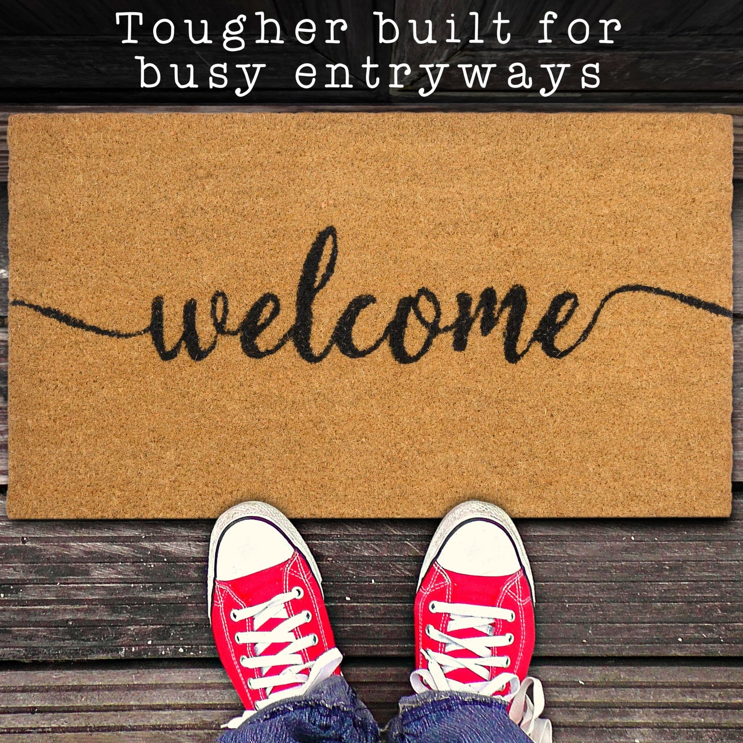 Outdoor Welcome Mat 30x17 Inch Script, Welcome Doormat for Covered Outdoor Area, Coir Door Mat w/Non-Slip PVC Backing