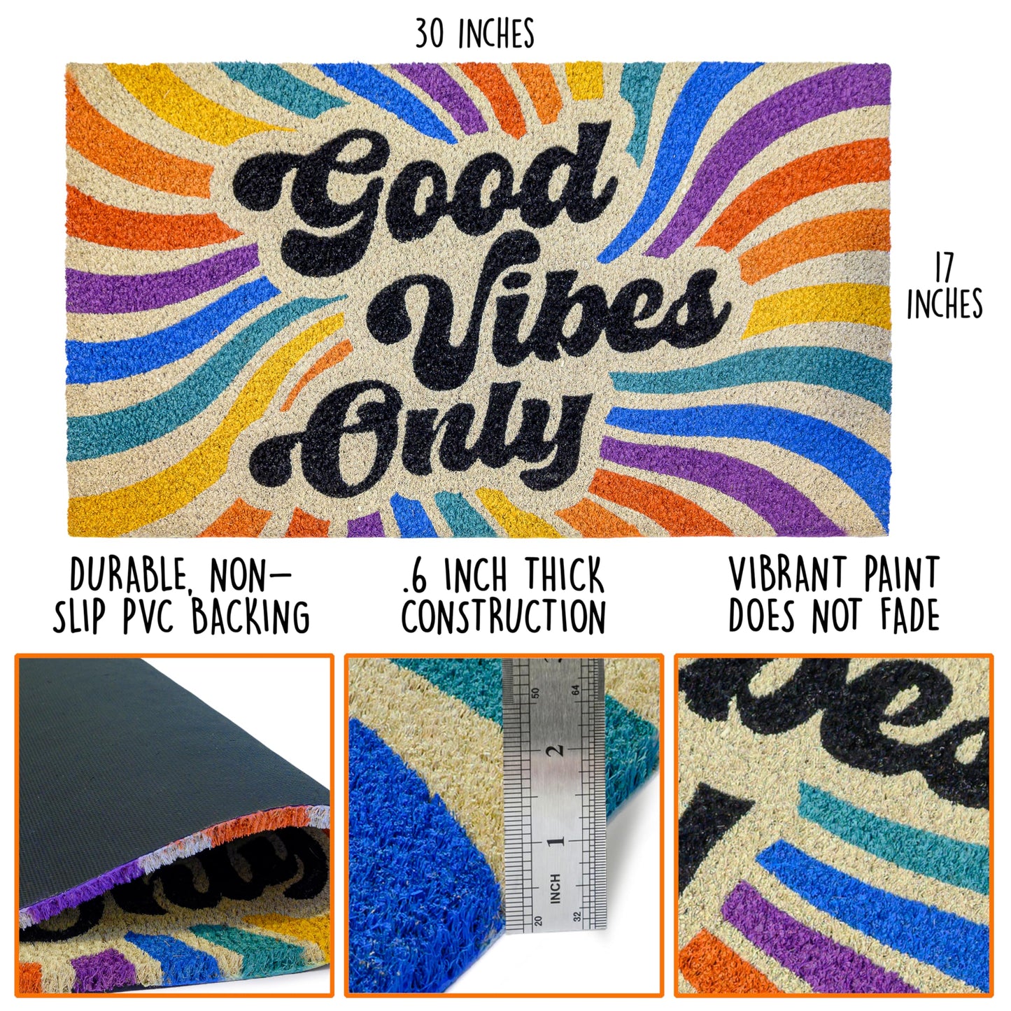 Good Vibes Only Door Mat 30x17 Inch, Good Vibes Welcome Mat for Covered Outdoor Entrance, Funny Outdoor Doormat w/Non-Slip Backing