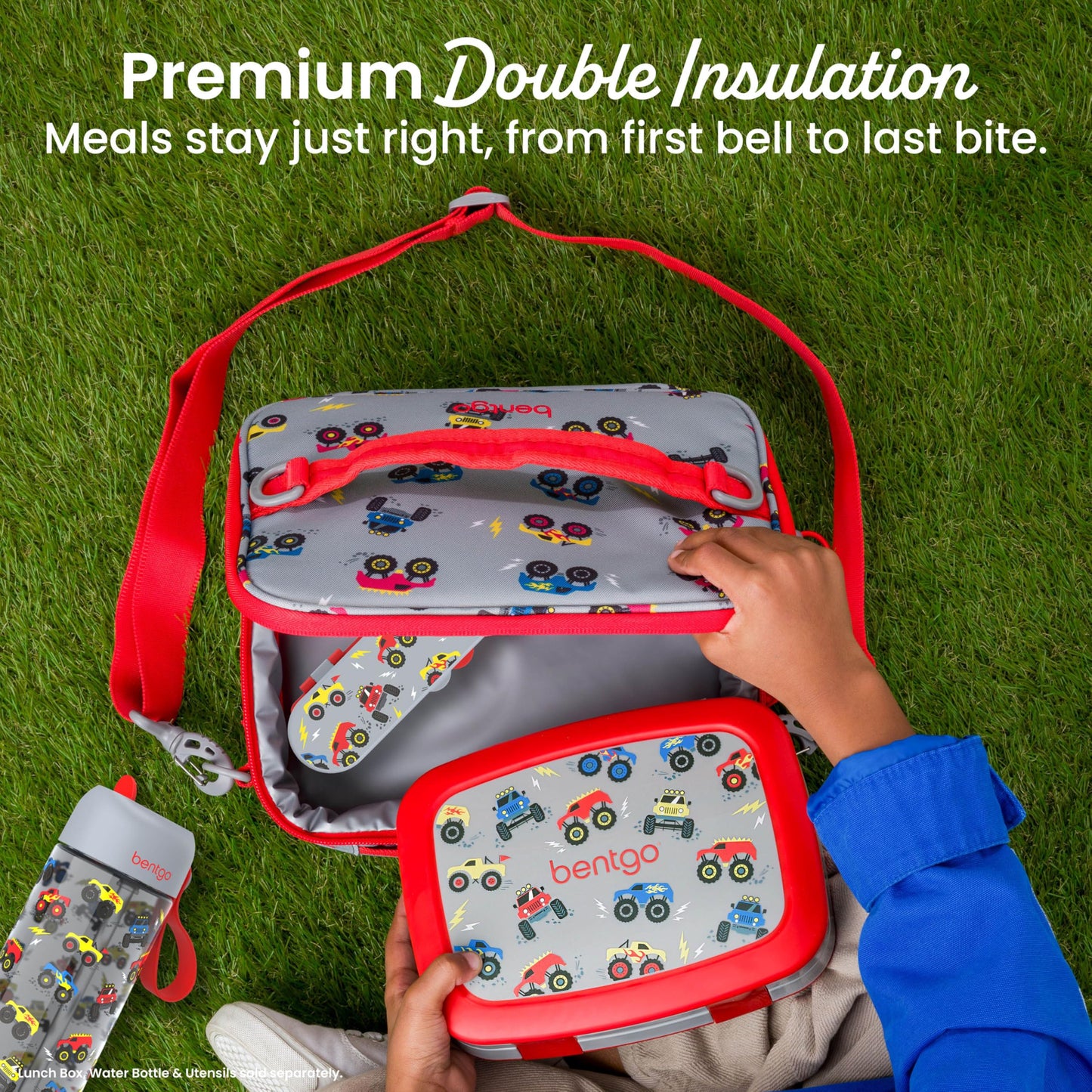 Bentgo Kids Lunch Bag - Double-Insulated, Reusable Lunch Bag for Kids 3+ with Adjustable Strap; Holds Lunch Box/Water Bottle/Snacks; Easy-Clean, Water-Resistant & Pockets (Trucks)