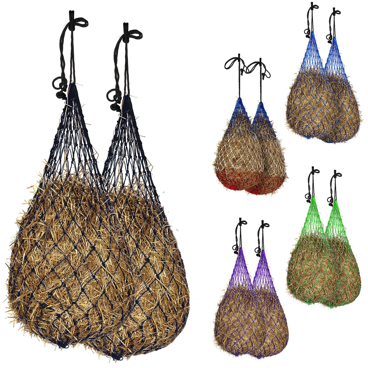 Majestic Ally 2 pcs Slow Feed 56” Hay Net with Soft 3"x3" Holes for Horses & Livestock, Nylon Rope Hanging, Simulates Grazing, Reduce Waste (Black)