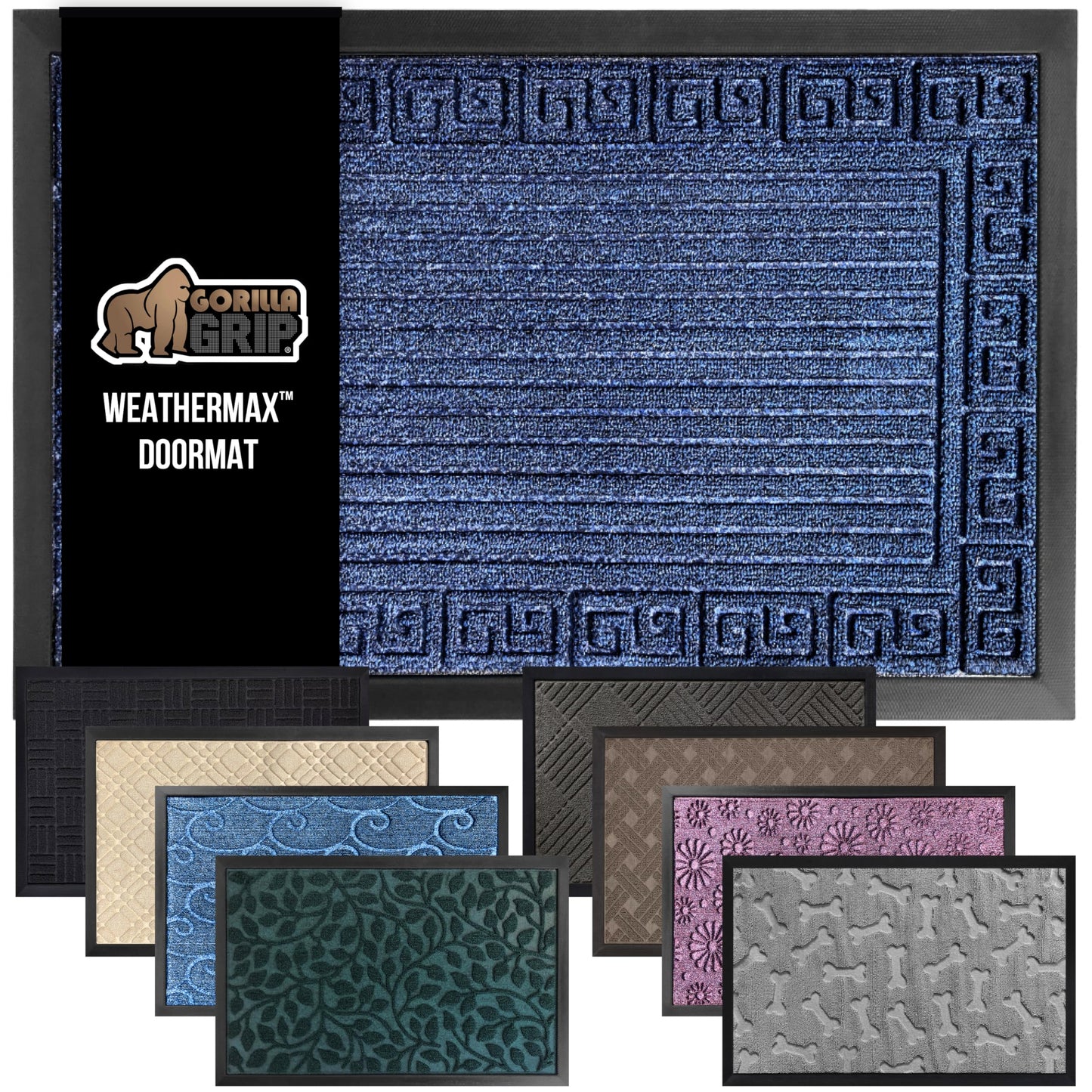 GORILLA GRIP 100% Waterproof All-Season WeatherMax Doormat, 72x24 Runner, Durable Natural Rubber, Stain and Fade Resistant, Low Profile, Indoor Outdoor Doormats, Easy Clean Patio Mat, Navy Greek Keys