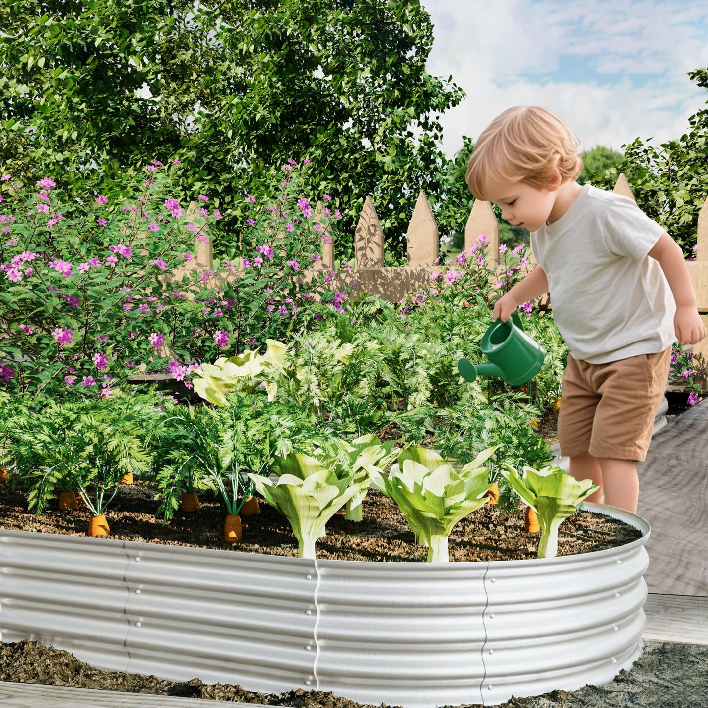 FOUBAM Galvanized Raised Garden Bed Kit, Oval Planters for Outdoor Plants,Galvanized Planter Boxes, Metal Raised Garden Beds Outdoor for Vegetables Flower Herb Patio 8 X 4 X 1 FT