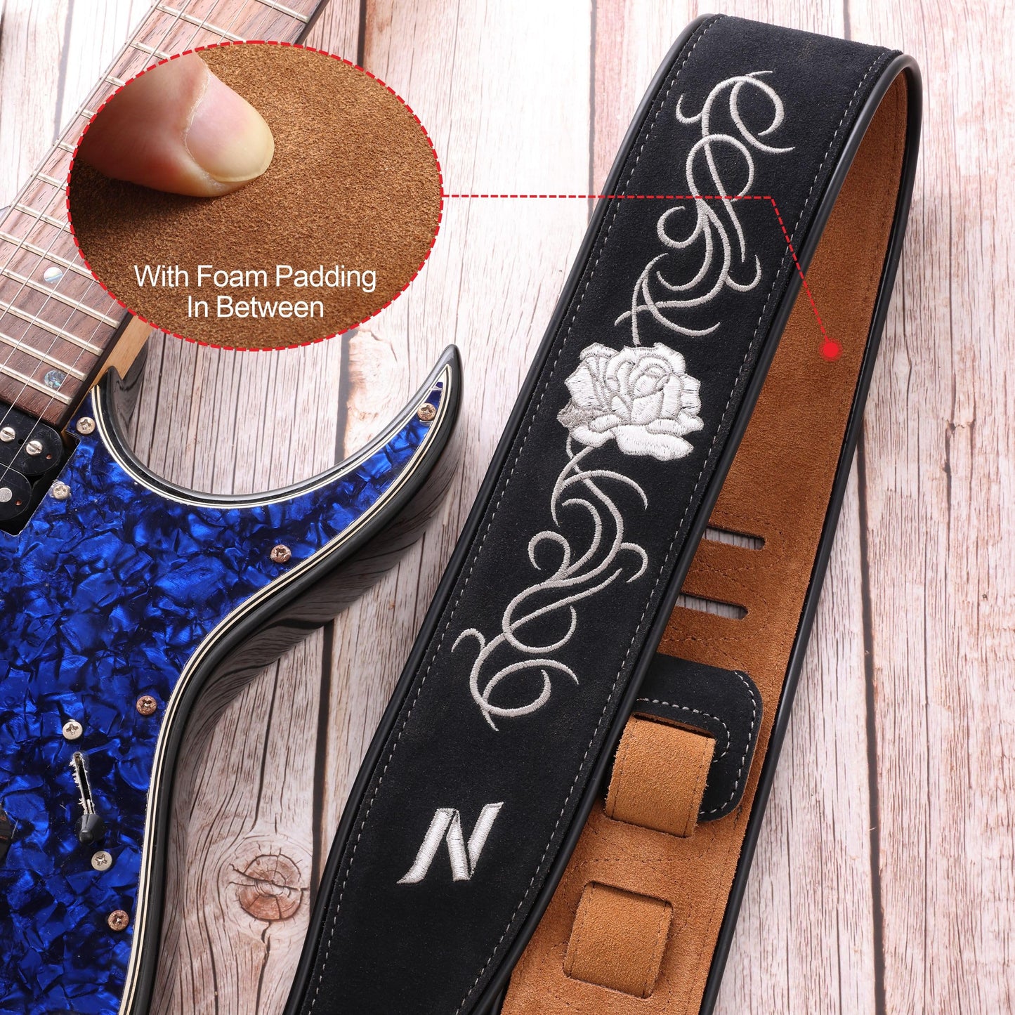 Nefelibata Guitar Strap with Vintage Rose Embroidery, 2.7" Wide Double Layer Bavarian Tumbled Cowhide Guitar Strap with Foam Padding for Kids, Male and Female Acoustic, Bass and Electric Guitars