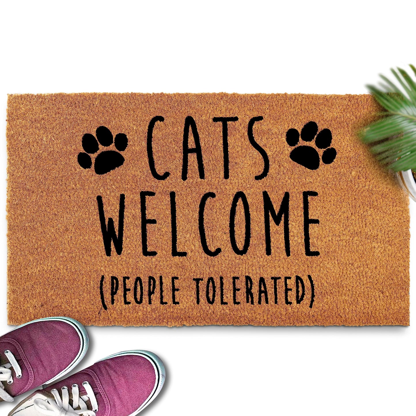Cats Welcome People Tolerated Doormat 30x17 Inch, Cat Door Mat for Covered Outdoor Area, Black Cat Welcome Mat Gift, Funny Outdoor Decor w/Non Slip PVC Backing