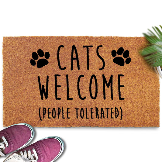 Cats Welcome People Tolerated Doormat 30x17 Inch, Cat Door Mat for Covered Outdoor Area, Black Cat Welcome Mat Gift, Funny Outdoor Decor w/Non Slip PVC Backing