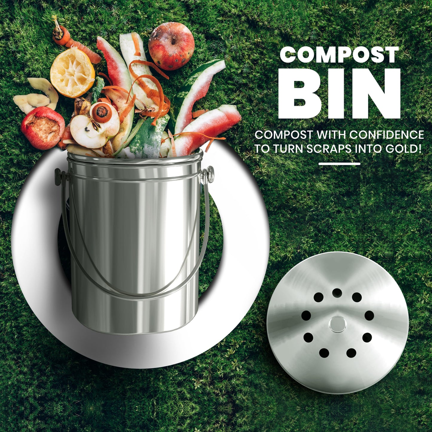 KICHLY Compost Bin, Stainless Steel Bin for Kitchen Countertop, 1.3 Gallon Composting Bucket, Compost Pail with Lid, Includes 1 Spare Charcoal Filter, Silver