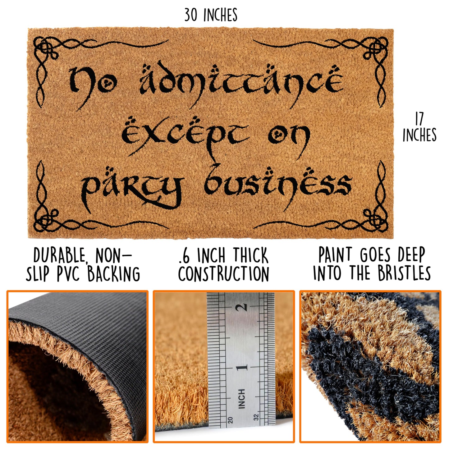 No Admittance Except On Party Business Door Mat Outdoor 30x17 Inch, Nerd Welcome Mat Outside Entrance for Covered Porch or Patio, LOTR Gift