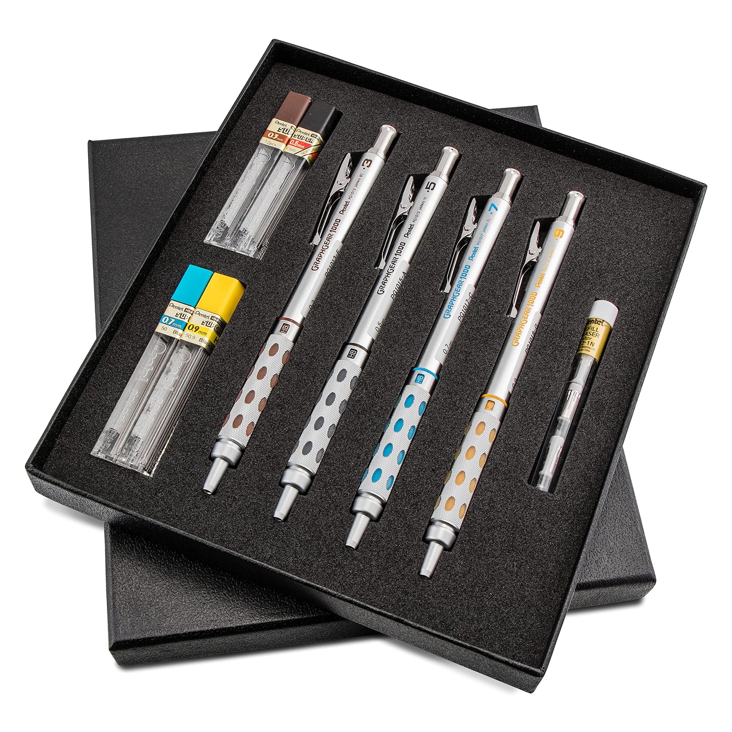Pentel Arts GraphGear 1000 Premium Mechanical Drafting Pencil Set, Rectractable, For Students, Architects, Engineers, Artists, 4 Assorted Mechancical Pencils and Leads, Refill Erasers, Box Set