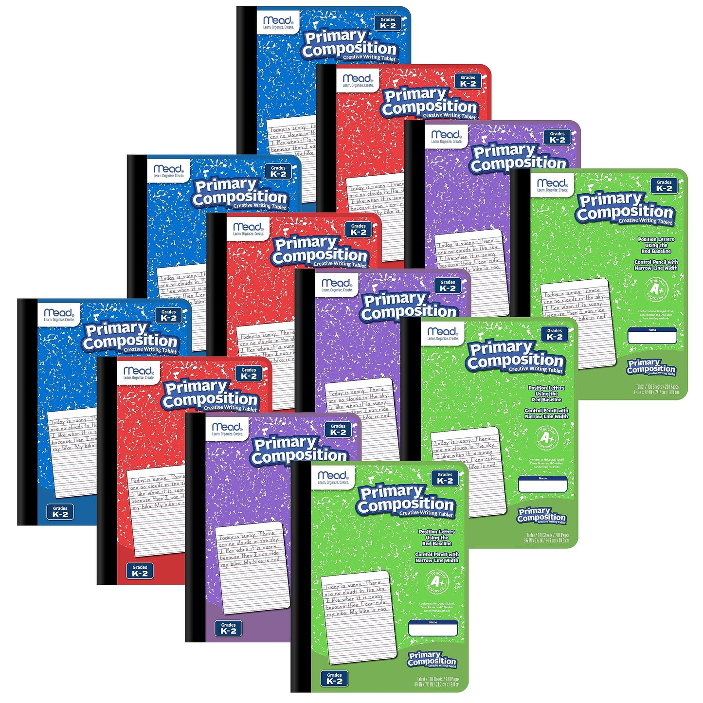 Mead Primary Composition Book, 12 Pack, Primary Ruled Journal, Grades K-2, 7-1/2" x 9-3/4", 100 Sheets per Comp Book, Assorted Colors (610054-ECM)