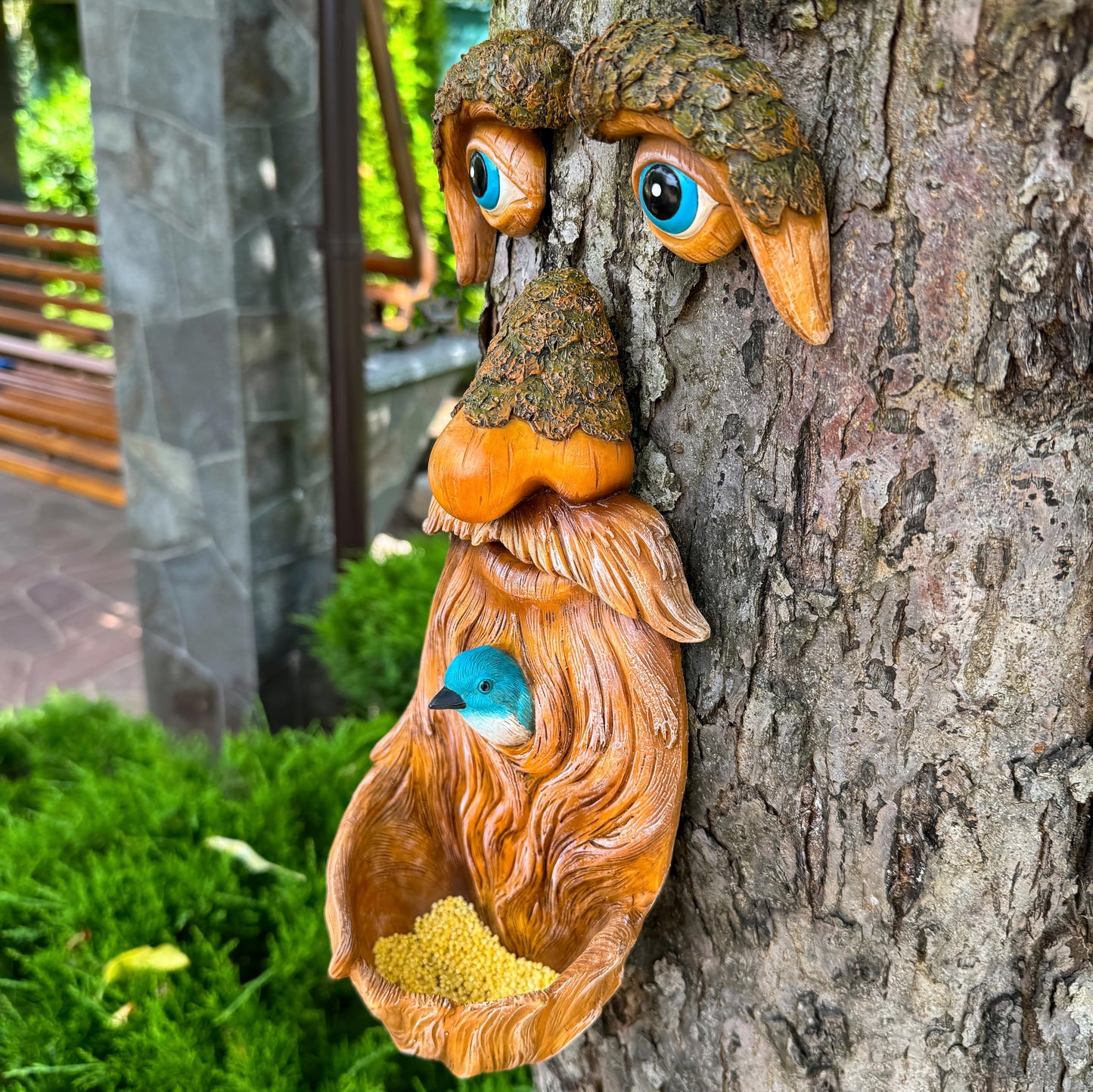 Mood Lab Tree Faces Decor Outdoor - Old Man Bird Feeder - Tree Hugger Garden Decoration - Yard Art Statues