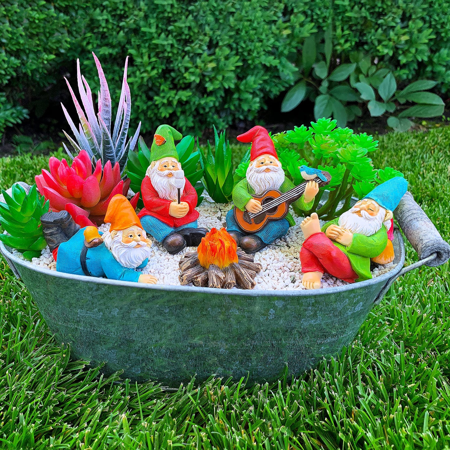 Mood Lab Miniature Garden Gnomes - Camping Gnome Figurines & Accessories Set (5 pcs) 2.6" H - Indoor Outdoor Garden Decor