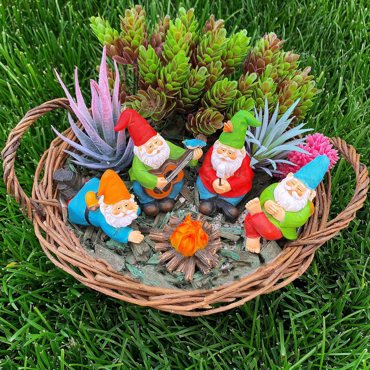 Mood Lab Miniature Garden Gnomes - Camping Gnome Figurines & Accessories Set (5 pcs) 2.6" H - Indoor Outdoor Garden Decor