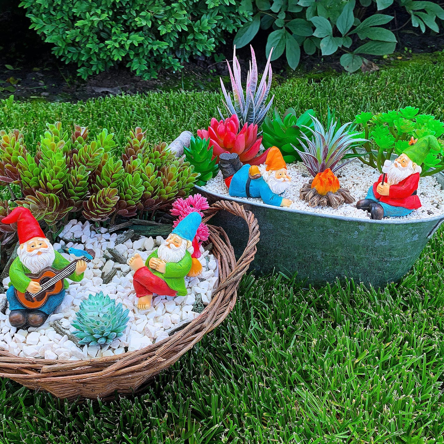 Mood Lab Miniature Garden Gnomes - Camping Gnome Figurines & Accessories Set (5 pcs) 2.6" H - Indoor Outdoor Garden Decor
