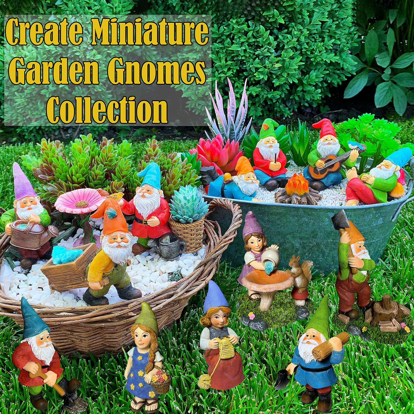 Mood Lab Miniature Garden Gnomes - Camping Gnome Figurines & Accessories Set (5 pcs) 2.6" H - Indoor Outdoor Garden Decor